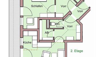 A floor plan drawing of a holiday apartment with an area of 63 m² and a 13 m² balcony. The rooms include a bedroom, kitchen, living and dining area, as well as a bathroom and guest toilet.