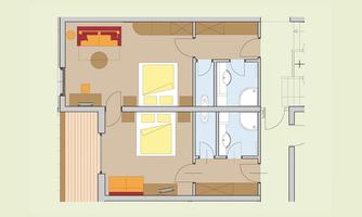 An upper view of a floor plan featuring two bedrooms, a living area, and two bathrooms. The layout is clearly and modernly designed.