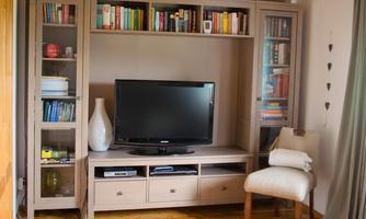 A cozy living space with a television and a bookshelf. The wooden floors and visible ceiling beams give the room a warm atmosphere.