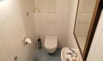 A small bathroom with white tiles and simple furnishings. There is a toilet, a sink, and a mirror.