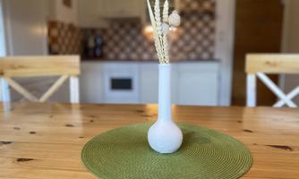 A modern vase with dried flowers is placed on a round green placemat. In the background, a bright kitchen is visible.