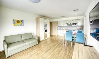 A modern living room with a green couch and a dining table with blue chairs. The open kitchen features simple, light furniture and a television mounted on the wall.