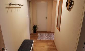 A bright hallway with a wooden ceiling and a light floor. On the right side, there is a mirror and a plant, while a coat rack hangs on the wall.