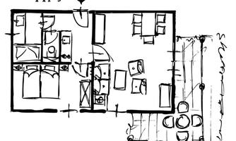 A sketchy floor plan of a house. The plan shows various rooms and a terrace with seating.