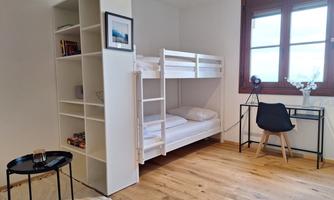A bright room with a bunk bed and a desk. Shelves with books and a large window front create a friendly impression.
