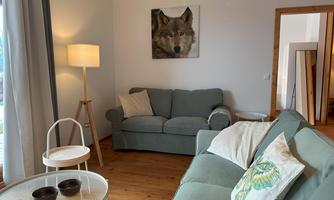 A cozy living room with a gray sofa and a small side table. A picture of a wolf hangs on the wall, and a floor lamp provides warm light.
