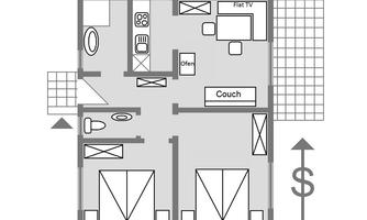 A floor plan sketch of an apartment with two bedrooms, a living room, a kitchen, and a bathroom. The design shows the arrangement of the rooms and furniture pieces.