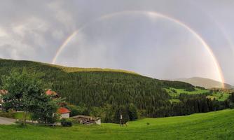 A beautiful landscape with green meadows and a rainbow in the background. In the foreground, there are some wooden houses and trees visible.