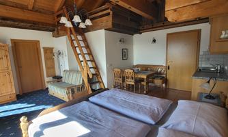 A cozy room with wooden paneling and a double bed. There is a dining area, a small kitchen, and a ladder to another sleeping area.