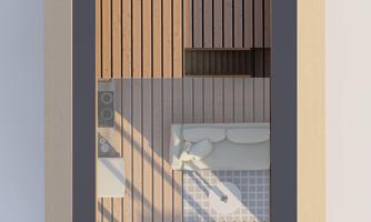 A modern apartment with wooden flooring and a cozy seating area. On the upper floor, there is a bed with natural bedding and plenty of daylight.