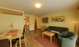 A cozy apartment with a dining area and a living space. The walls are painted light and there is modern furnishings.