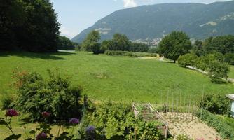A green meadow with mountains in the background and a small garden in the foreground. The sky is blue with a few white clouds.