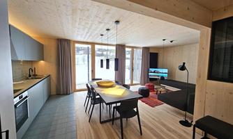 A modern apartment with wooden ceilings and an open living area. The kitchen and dining area are bright and friendly, with large windows for plenty of daylight.