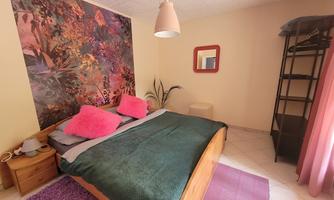 A cozy bedroom with a large bed and colorful cushions. The walls are decorated with a floral mural, and there is an open wardrobe.