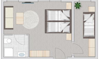 A floor plan of a modern apartment with two bedrooms and a bathroom. The space is bright and functionally furnished.