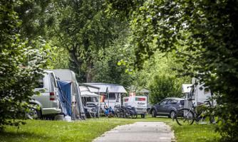 A peaceful campsite with motorhomes and bicycles. Surrounded by lush greenery and trees, a paved path runs through.