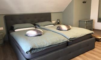 A modern bedroom with a large double bed and elegant pillows. The walls are painted in soft shades of green, and a nightstand complements the decor.