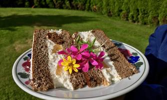 A piece of cake with a creamy layer and colorful flowers on a plate. The green meadow in the background creates a fresh atmosphere.