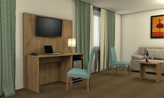 A modern room with a desk, a television, and two light blue chairs. The windows are adorned with curtains in soft colors.