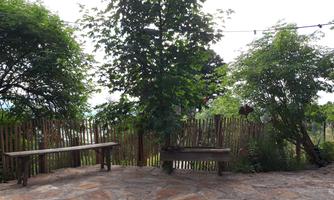 A cozy outdoor space with wooden benches and green trees. The ground is made of natural stone and there is a rustic fence in the background.
