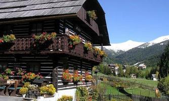 A traditional wooden house with a garden full of flowers. In the background, snow-capped mountains and a green landscape can be seen.