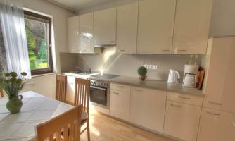 A modern kitchen with light wooden flooring and white cabinets. A vase with flowers is on the table and the windows let in plenty of daylight.