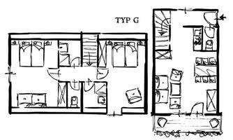A floor plan of a house with two stories. It shows the arrangement of rooms and furniture.