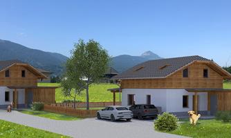 Two modern wooden houses in a rural setting. In the foreground, cars and a dog can be seen, along with a green meadow and mountains in the background.