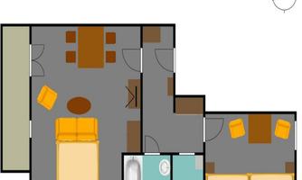 A simple floor plan drawing of an apartment. The rooms include a bedroom, a living room, a kitchen, and a bathroom.