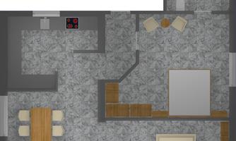 A floor plan of an apartment with an open living and dining area. The room contains tables, chairs, and a couch.