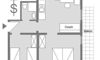 A simple floor plan of an apartment. It shows rooms such as kitchen, living room, bathroom, and balcony.