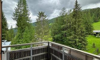 A balcony with a view of green meadows and dense forests. The sky is cloudy and appears calm.