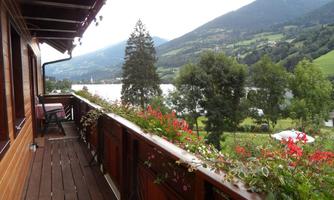 A balcony with blooming plants and a view of a lake and green mountains. The atmosphere is calm and inviting.