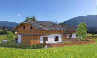 A modern residential building with a wooden facade, surrounded by a green meadow and mountains in the background. The architecture is appealing and harmoniously integrated into nature.