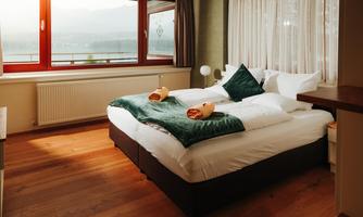 A cozy bedroom with a large bed and wooden floor. The windows offer a beautiful view and plenty of natural light.