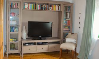 A cozy living room with a television and bookshelves. The room has wooden floors and large windows with curtains.