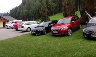 A row of cars is parked on a meadow next to a parking lot. In the background, there are trees and mountains visible.