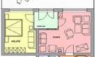 A floor plan drawing of a room with different areas. The rooms are color-coded and include bedrooms, living rooms, and dining rooms.