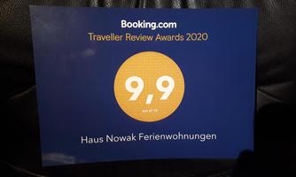 An award from Booking.com for the year 2020. The holiday apartments Haus Nowak received a rating of 9.9 out of 10.