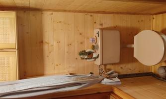 A small bathroom with wood paneling and a toilet seat. On the shelf above the toilet are some decorative elements.