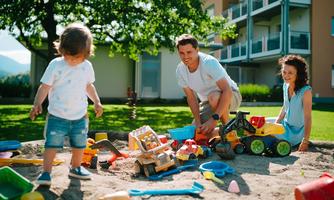 A father is playing with his two children in the sandbox. There are many colorful toys and the sun is shining.