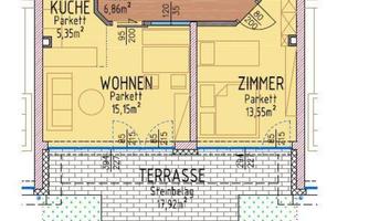 A fixed layout of a house with various rooms. The main areas are kitchen, living room, bedroom, and bathroom.
