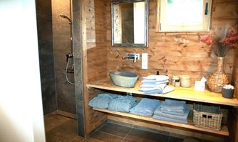 A modern bathroom with wooden paneling and a spacious shower. Towels and toiletries are neatly arranged on a shelf.