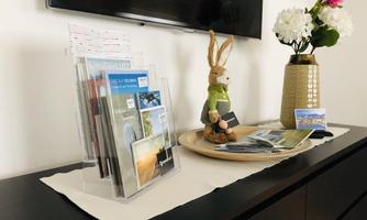 A sideboard with an information stand for brochures. Next to it stands a decorative figure of a rabbit and a flower vase with flowers.