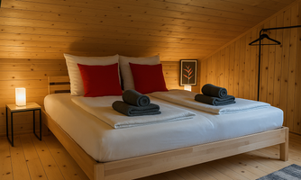A cozy bedroom with a large double bed and bright wood paneling. On the nightstand, there is a small lamp, and the pillows are in red.