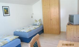 A simple room with two beds, a wooden table, and a television. There is a wooden wardrobe and a view of the wall with a picture.