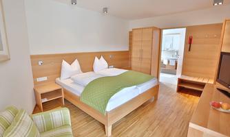 A bright hotel room with a double bed and modern wooden interior. There is a comfortable armchair and a television, as well as access to a bathroom.