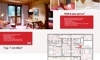 A cozy apartment with wooden walls and a large window. The image shows the bedroom and a floor plan of the apartment.