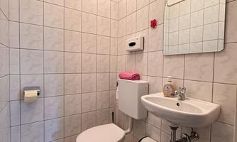 A small bathroom with white tiles and modern fixtures. There is a toilet, a sink, and a mirror, decorated with a towel and a small plant.