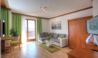 A bright living room with a cozy gray sofa and green curtains. In the room, there is a table with a plant and a view of a balcony.